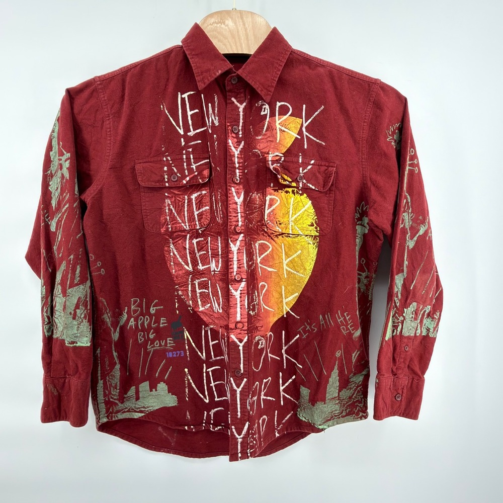 Timberland Button Front Shirt Mens L Burgundy New York City Big Apple Graphic